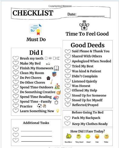 Kids Daily Checklist and Chore Tracker - Inside Page